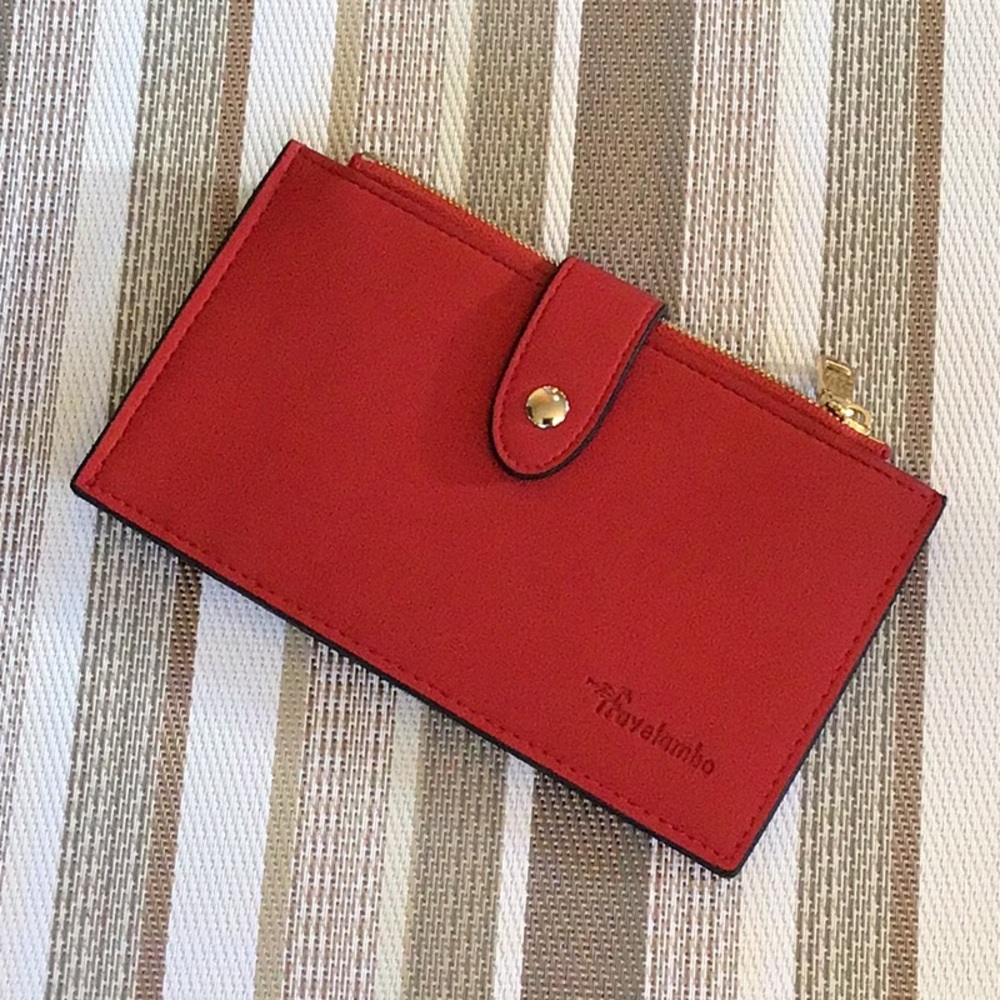 Travelambo Wallet Red Leather w 2 Zippered Pockets & 17 Credit Card Slots NEW